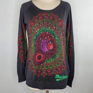 DESIGUAL Grey Peacock Pullover Sweater M EUC